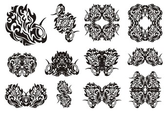 Twirled symbols set. Set of snake symbols, butterflies tattoos and frames