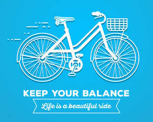 Vector illustration of white color bicycle with basket and text