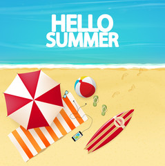 Vector beach with waves, umbrellas, towels and surfing board

