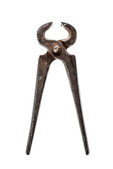 Old iron cutting pliers, tongs or nippers isolated on white.