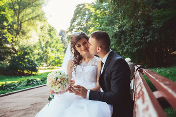 Happy bride and groom on their wedding day