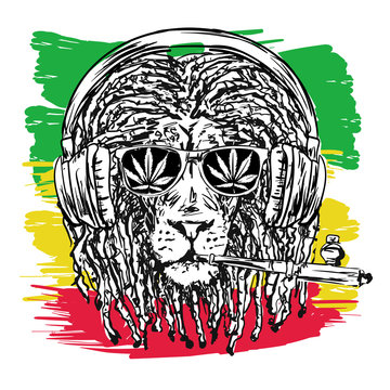 vector illustration depicting a lion with dreadlocks with chillum, glasses and music headphones as a symbol of the Rastafarian subculture, and the image of Jha on background Flag colors of Jamaica.