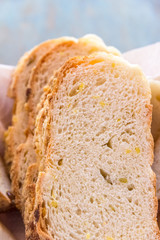 Fresh homemade corn bread close up image.