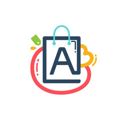 Letter A with shopping bag and tag icon.
