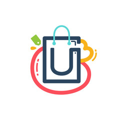 U letter with shopping bag and tag icon.