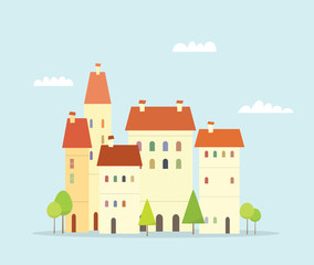 Cartoon town. Simple cityscape with trees