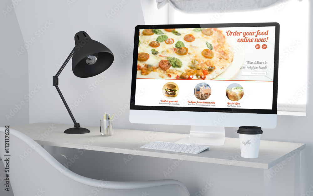 Poster 3d desktop workspace rendering ordering food
