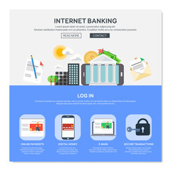 One page web design template with internet banking services like online payments or e-bank. Flat design graphic, website elements layout. Vector illustration.

