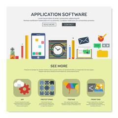 One page web design template with application software services like api or prototyping. Flat design graphic, website elements layout. Vector illustration.

