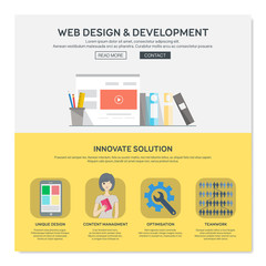 One page web design template with web design services like content managment or optimisation. Flat design graphic, website elements layout. Vector illustration.
