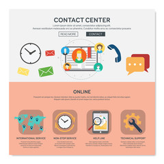 One page web design template with contact center services like help line or international services. Flat design graphic, website elements layout. Vector illustration.
