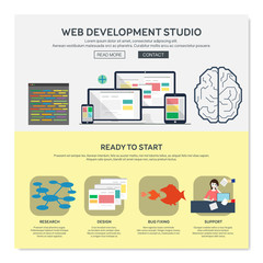 One page web design template with web development studio services like research or design. Flat design graphic, website elements layout. Vector illustration.
