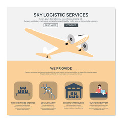 One page web design template with sky logistic services like general warehousing or local delivery. Flat design graphic, website elements layout. Vector illustration.
