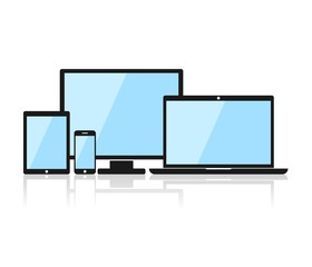 Device Icons: smartphone, tablet, laptop and desktop computer. Black device in flat style isolated on white background