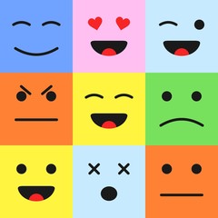 Set of colorful cartoon faces emoticons. Cartoon style smiles