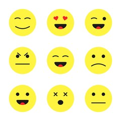 Set of cute smiley emoticons. Cartoon flat style faces smiles isolated on white background