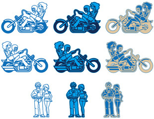 モーターサイクル-クルーザータイプ+ライダー（フラットデザイン）ブルー色系バリエーションセット