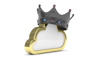 Cloud with black crown on white background. Model of best network, database, cloud storage. Royal technology. 3D rendering.