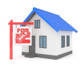 Isolated model of house with sign for sale sold. Concept of real estate, new apartment and moving to a new house. 3D rendering.