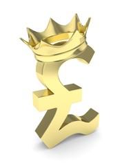 Isolated golden pound sign with crown on white background. British currency. Concept of investment, european market, savings. Power, luxury and wealth. Great Britain, Nothern Ireland. 3D rendering.