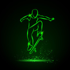 Ollie by skateboarder guy. Vector neon illustration.
