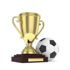 Isolated golden cup with ball on white background. Soccer and football. First place trophy. Game and competition. 3D rendering