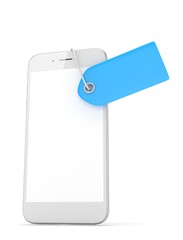 White smart phone with blue price tag on white background. Identification, price, label. 3D rendering.