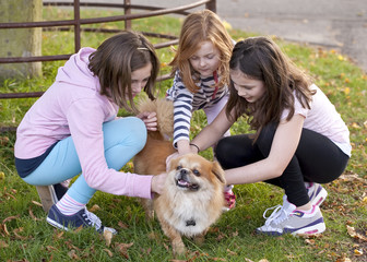 Obraz premium Sisters. Three sisters have found a dog they can dote on as they explore a public park.