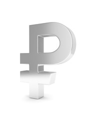 Isolated silver ruble sign on white background. Russian currency. Concept of investment, russian market, savings. Power, luxury and wealth. Russia, Belarus. 3D rendering.