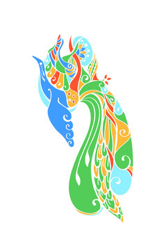 Decorative profile image of a fairy blue bird or phoenix. The stylized openwork pattern in bright saturated colors. Vector decor.