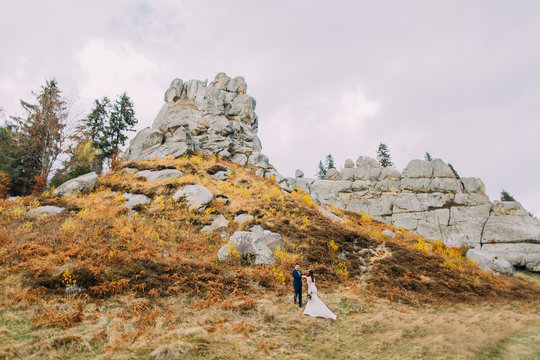 Newlywed couple on majestic outdoor landscape with massive rocks as backround