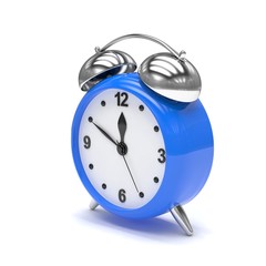 Blue alarm clock on white. 3d rendering.