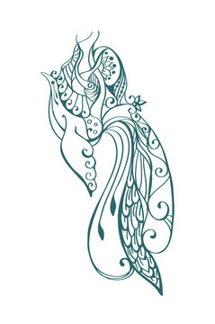 Decorative profile image of a fairy blue bird or phoenix. The stylized openwork pattern in bright saturated colors. Vector decor.