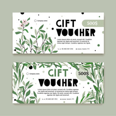 A modern set of a gift voucher for a holiday in an eco-style. The certificate for a gift with plants. The flyer for the store of natural cosmetics or clothing. - 112122497