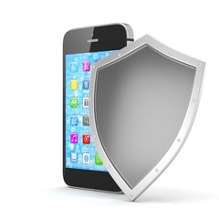 Smartphone and shield on white, security concept. 3d rendering.