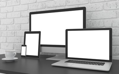 Fototapeta premium Responsive mockup screen. Monitor, laptop, tablet, phone on table in office. 3d rendering.