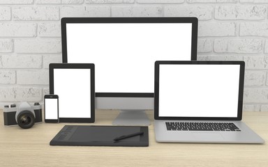 Fototapeta premium Responsive mockup screen. Monitor, laptop, tablet, phone on table in office. 3d rendering.