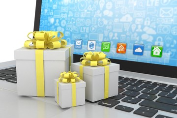 Gift box with ribbon on laptop keyboard. 3d rendering.