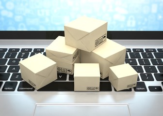 Technology business concept, shipping: cardboard package boxes on laptop. 3d rendering.