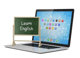  Laptop with chalkboard, learn english, online education concept. 3d rendering.