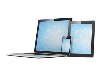laptop, tablet, phone, on white. 3d rendering.