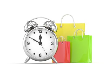 alarm clock and shopping bag (time to buy concept). 3d rendering.