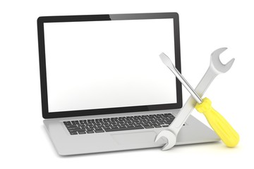 3D Illustration Wrench and screwdriver on laptop, service concept