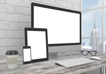 Responsive mockup screen. Monitor, tablet, phone on table in office. 3d rendering.