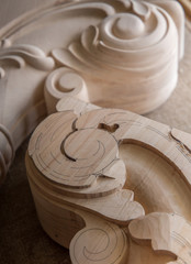 Timber, Wood processing. Joinery work. wood carving. element close up