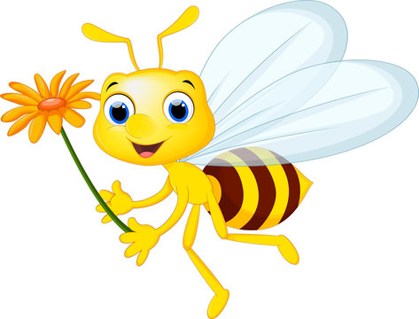 Cute bee cartoon flying while carrying flowers 