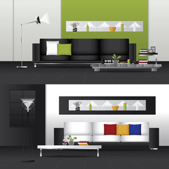 Flat Design Interior Living Room and Interior Furniture Vector Illustration
