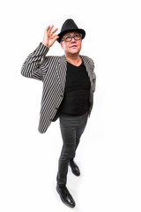 Handsome man in suit demonstrate different gesture on white background