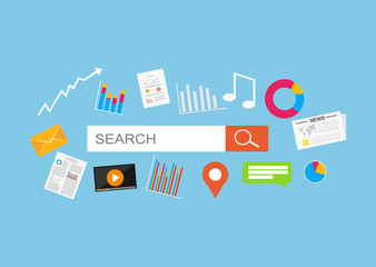 Searching contents in internet. Search engine optimization and web analytics elements. 
