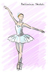 Cute Ballet dancer girl sketch style. Old hand drawn imitation. Vector